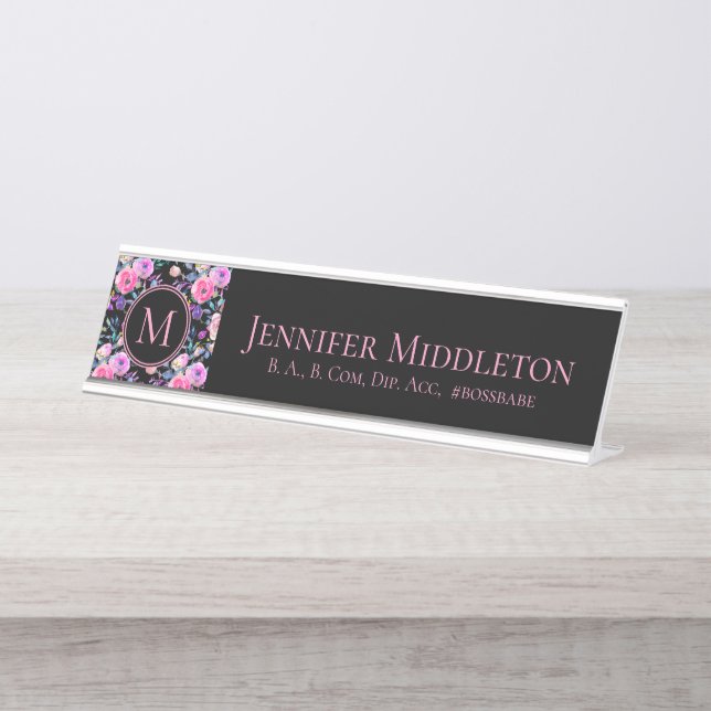 Personalised Floral Pink Black Monogram Desk Name Plate (Front)