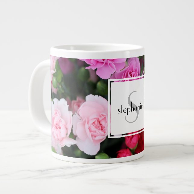 Personalised floral, pink carnation w name/initial large coffee mug (Front Left)