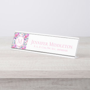 Personalised Floral Pink Monogram Desk Name Plate