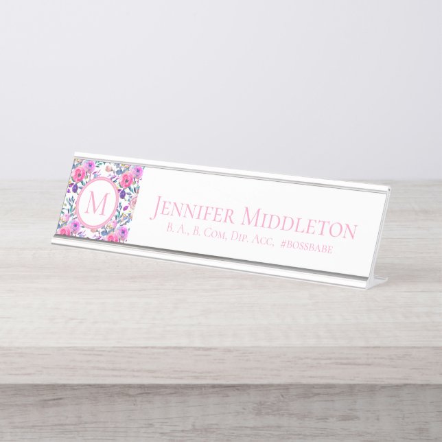 Personalised Floral Pink Monogram Desk Name Plate (Front)