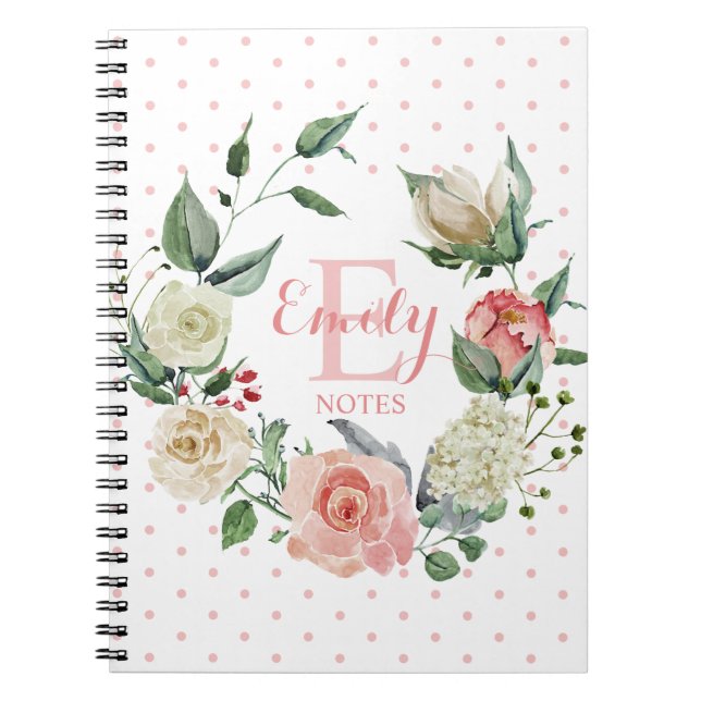 Personalised Floral Pink Rose Girl Monogram Name Notebook (Front)
