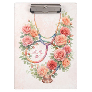 Personalised Floral Pink Rose Stethoscope Clipboard
