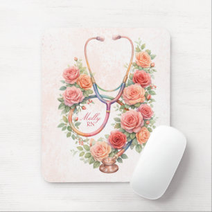 Personalised Floral Pink Rose Stethoscope  Mouse Mat