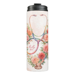 Personalised Floral Pink Rose Stethoscope Thermal Tumbler