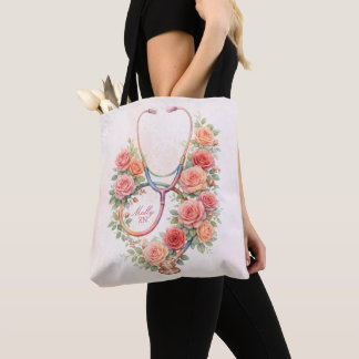 Personalised Floral Pink Rose Stethoscope Tote Bag