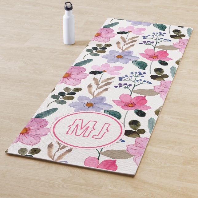 Personalised Floral Pink Script Initials Yoga Mat (In Situ)