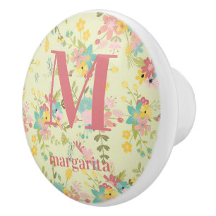 Personalised Floral Pink Yellow Green Ceramic Knob