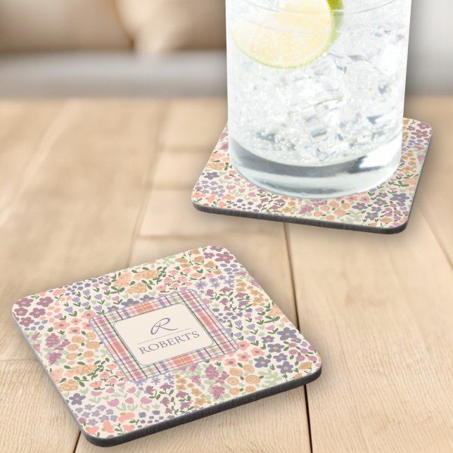 Personalised Floral & Plaid Coaster Set (Personalized Floral & Plaid Coaster Set – Custom Name & Initial)