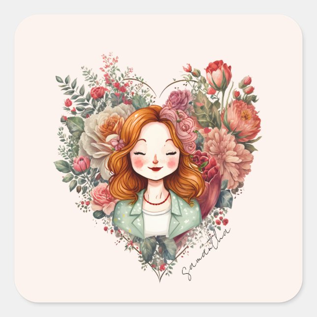 Personalised Floral Pretty Lady Square Sticker (Front)