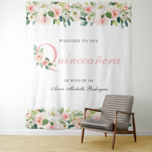 Personalised Floral Quinceanera Photo Backdrop Tapestry