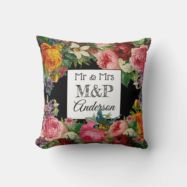 Personalised Floral Roses & Bird Wedding Pillow (Front)