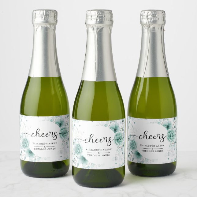 Personalised Floral sage greens Wedding Sparkling Wine Label (Bottles)