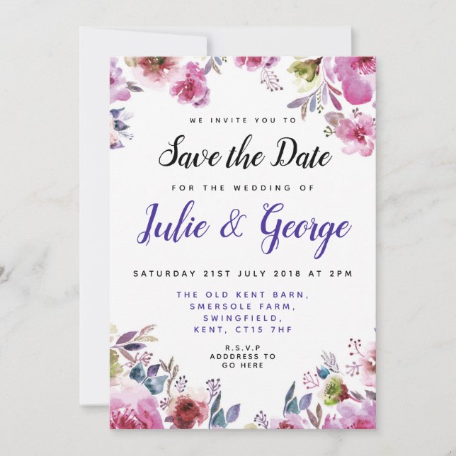 Personalised Floral Save the Date Invitation (Front)