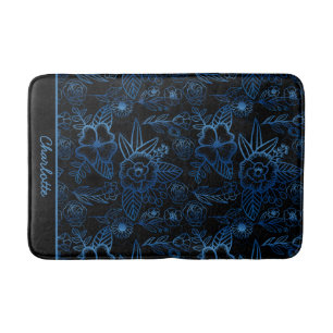 Personalised floral seamless pattern blue black bath mat