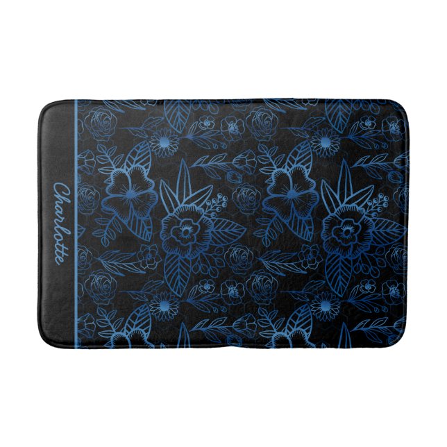 Personalised floral seamless pattern blue black  bath mat (Front)