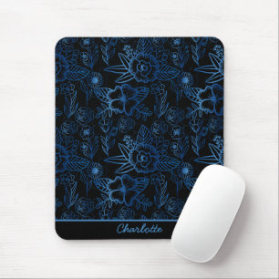 Personalised floral seamless pattern blue black mouse mat
