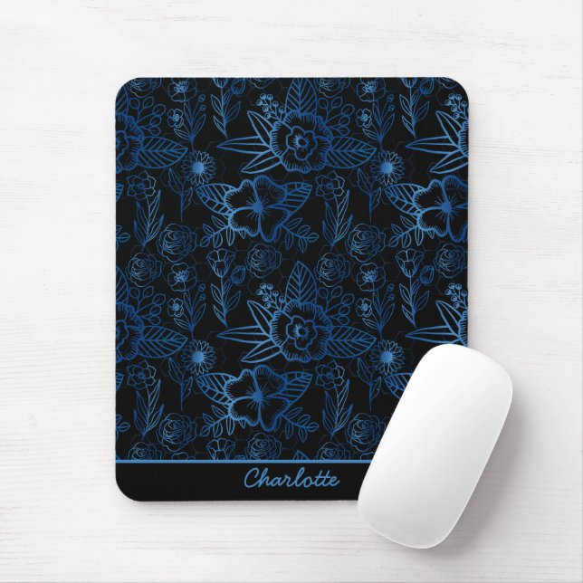 Personalised floral seamless pattern blue black   mouse mat (With Mouse)