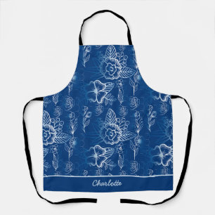 Personalised floral seamless pattern white - blue  apron