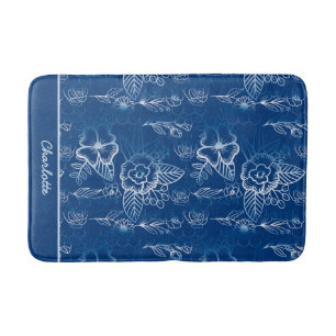 Personalised floral seamless pattern white - blue bath mat