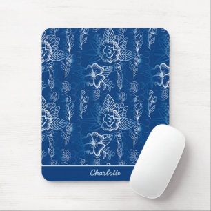 Personalised floral seamless pattern white - blue mouse mat