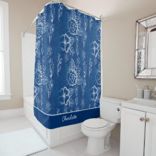 Personalised floral seamless pattern white - blue  shower curtain