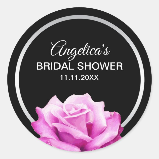 Personalised Floral Silver Pink Rose Bridal Shower Classic Round Sticker (Front)