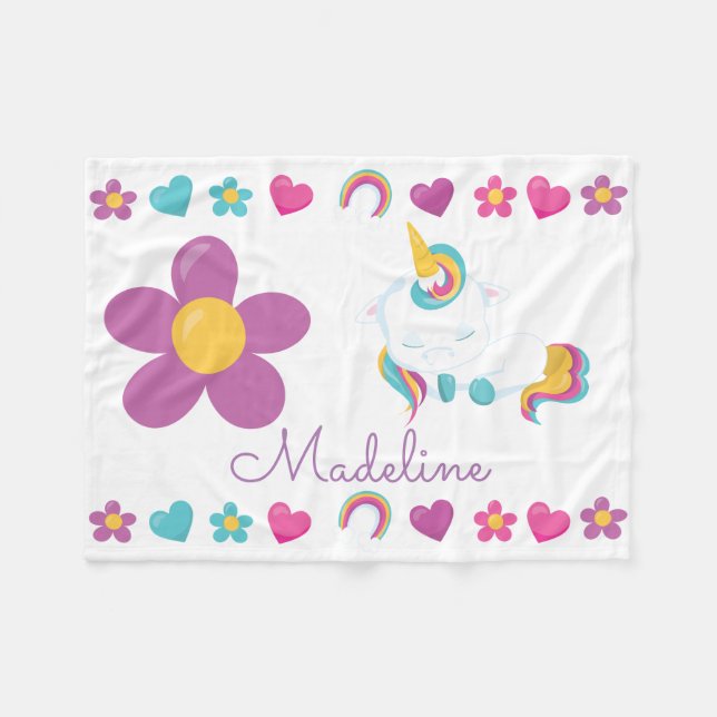 Personalised Floral Sleeping Baby Unicorn Fleece Blanket (Front (Horizontal))