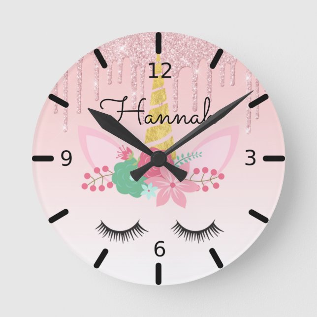 Personalised Floral Sleeping Unicorn Round Clock (Front)