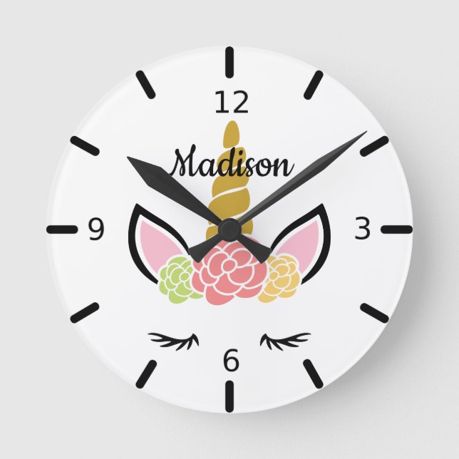 Personalised Floral Sleeping Unicorn Round Clock (Front)