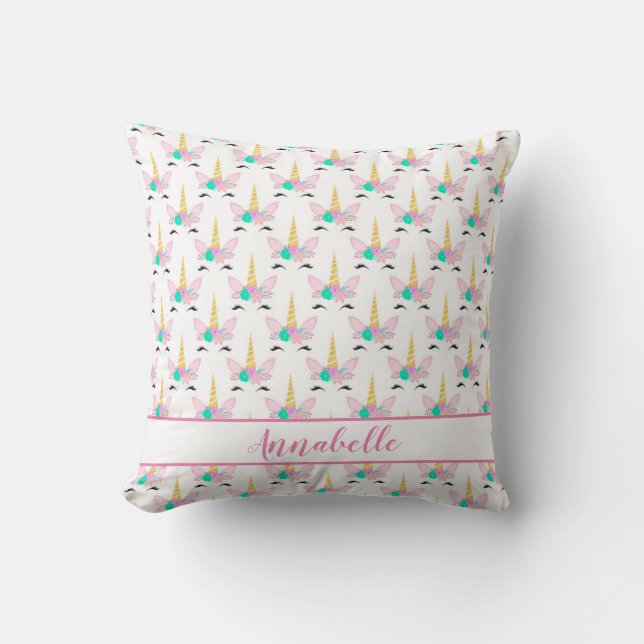 Personalised Floral Smiling Unicorn Cushion (Front)