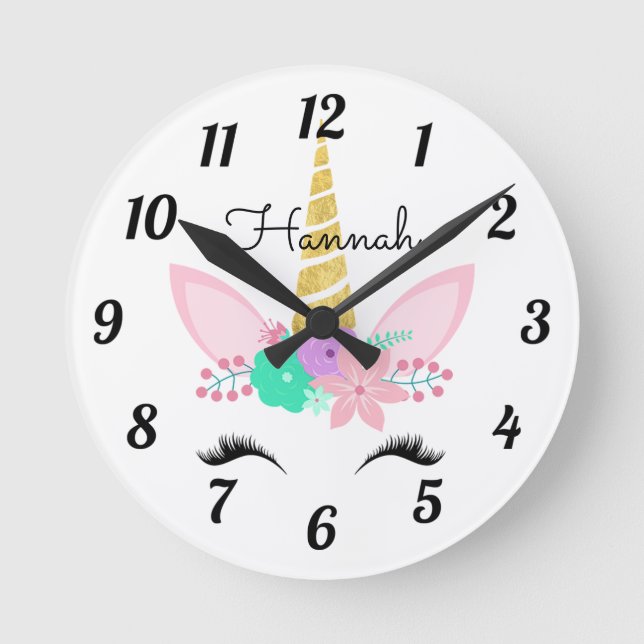 Personalised Floral Smiling Unicorn Round Clock (Front)