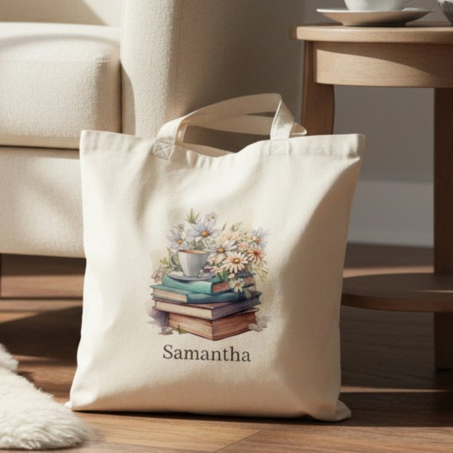 Personalised Floral Stacked Books Tote Bag (Creator Uploaded)