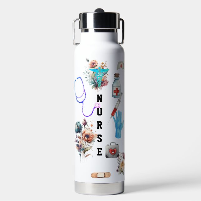 Personalised Floral Travel Nurse Monogram Gift  Water Bottle (Front)