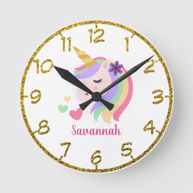 Personalised Floral Unicorn Round Clock (Front)