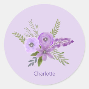 Personalised Floral Violet Lavender Watercolor  Classic Round Sticker