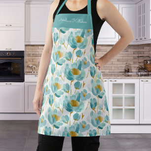 Personalised Floral Watercolor Aqua Gold Apron