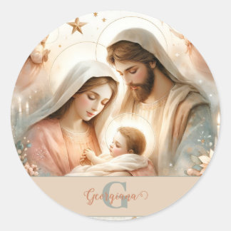 Personalised Floral Watercolor Baby Jesus Nativity Classic Round Sticker