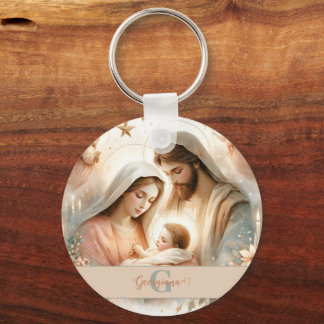 Personalised Floral Watercolor Baby Jesus Nativity Key Ring