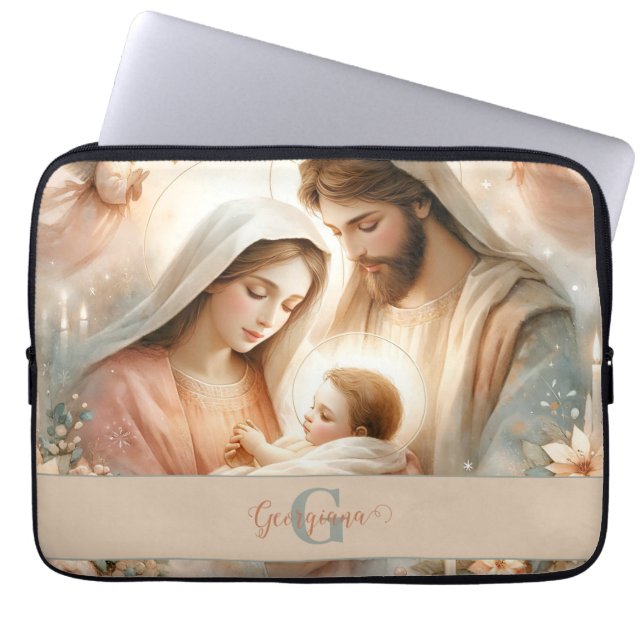 Personalised Floral Watercolor Baby Jesus Nativity Laptop Sleeve (Front)