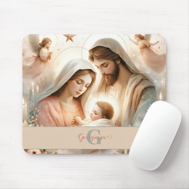 Personalised Floral Watercolor Baby Jesus Nativity Mouse Mat (With Mouse)