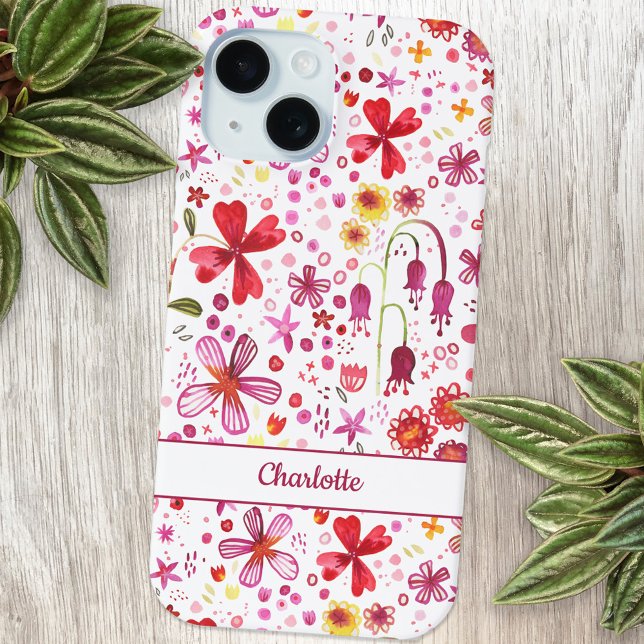 Personalised Floral Watercolor Case-Mate iPhone Case (Modern watercolor floral pink and white personalized name cell phone case)