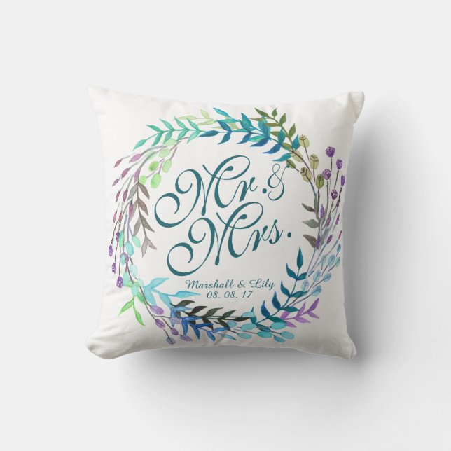 Personalised Floral Watercolor Wedding Pillow (Front)