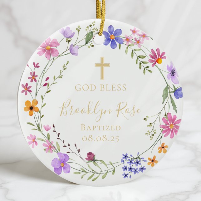 Personalised Floral Wildflower Baptism Photo Ceramic Tree Decoration (Creator Uploaded)