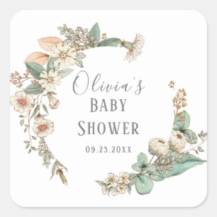 Personalised Floral Wreath Baby Shower Square Sticker