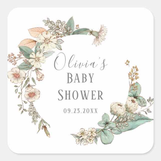 Personalised Floral Wreath Baby Shower Square Sticker (Front)