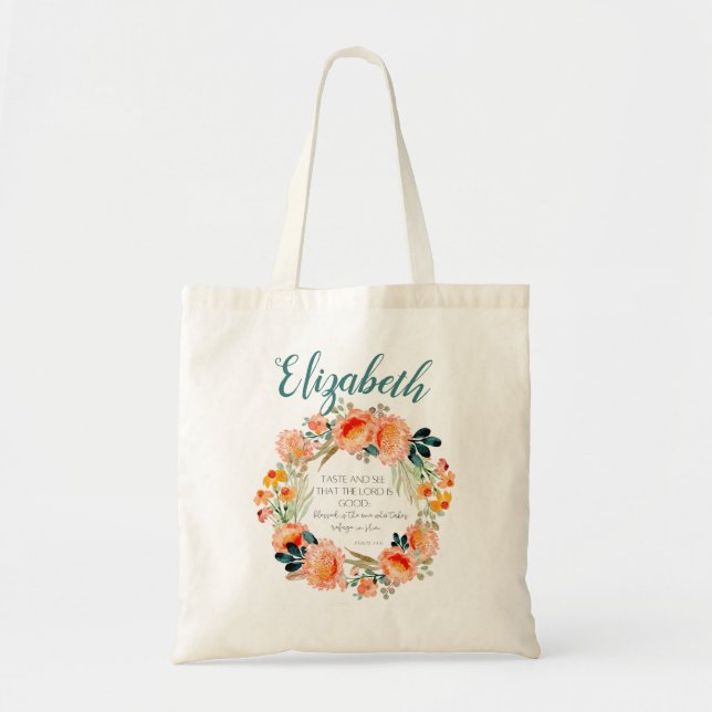 Personalised Floral Wreath Bible Verse Tote (Front)
