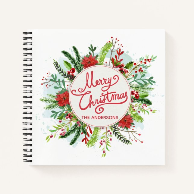 Personalised Floral Wreath Christmas Guestbook Notebook (Front)