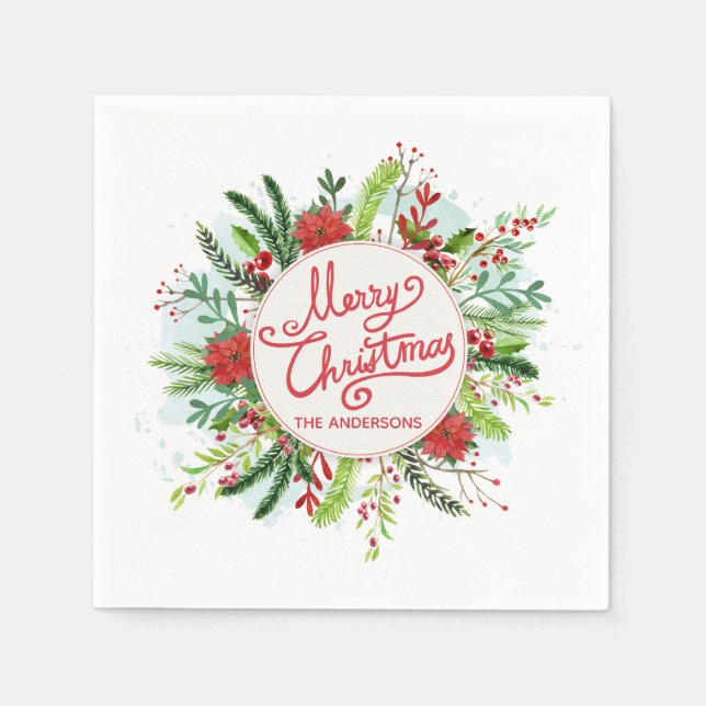 Personalised Floral Wreath Christmas | Napkin (Front)