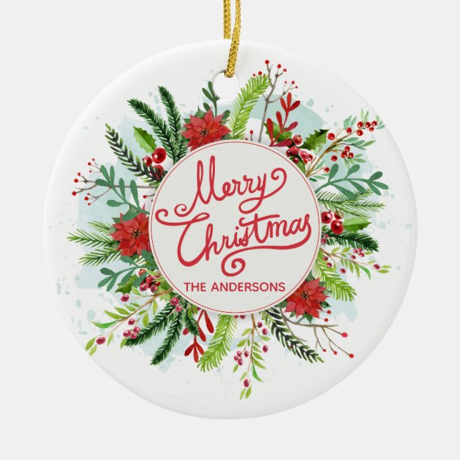 Personalised Floral Wreath Christmas Ornament (Front)