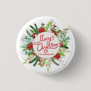 Personalised Floral Wreath Christmas Pin Button
